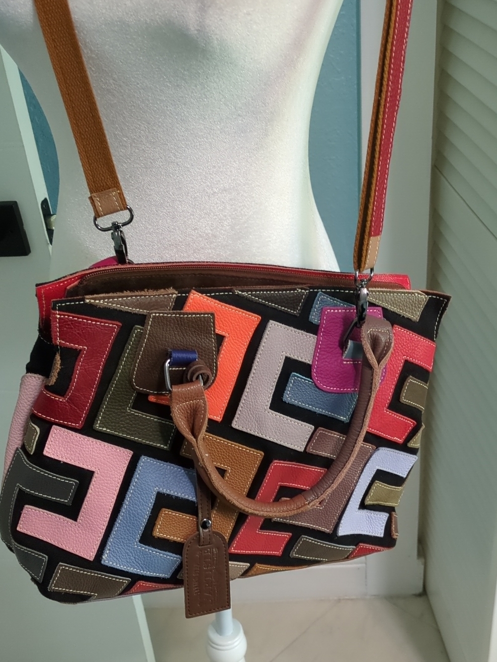 L'artiste Multicolor Geometric Leather Satchel Bag Shoulder Boho - Picture 3 of 7